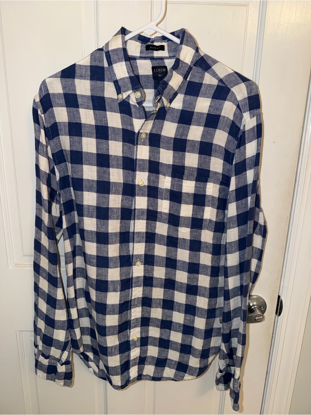 J. Crew Men’s Navy and White Check Button-Down Shirt Size Medium